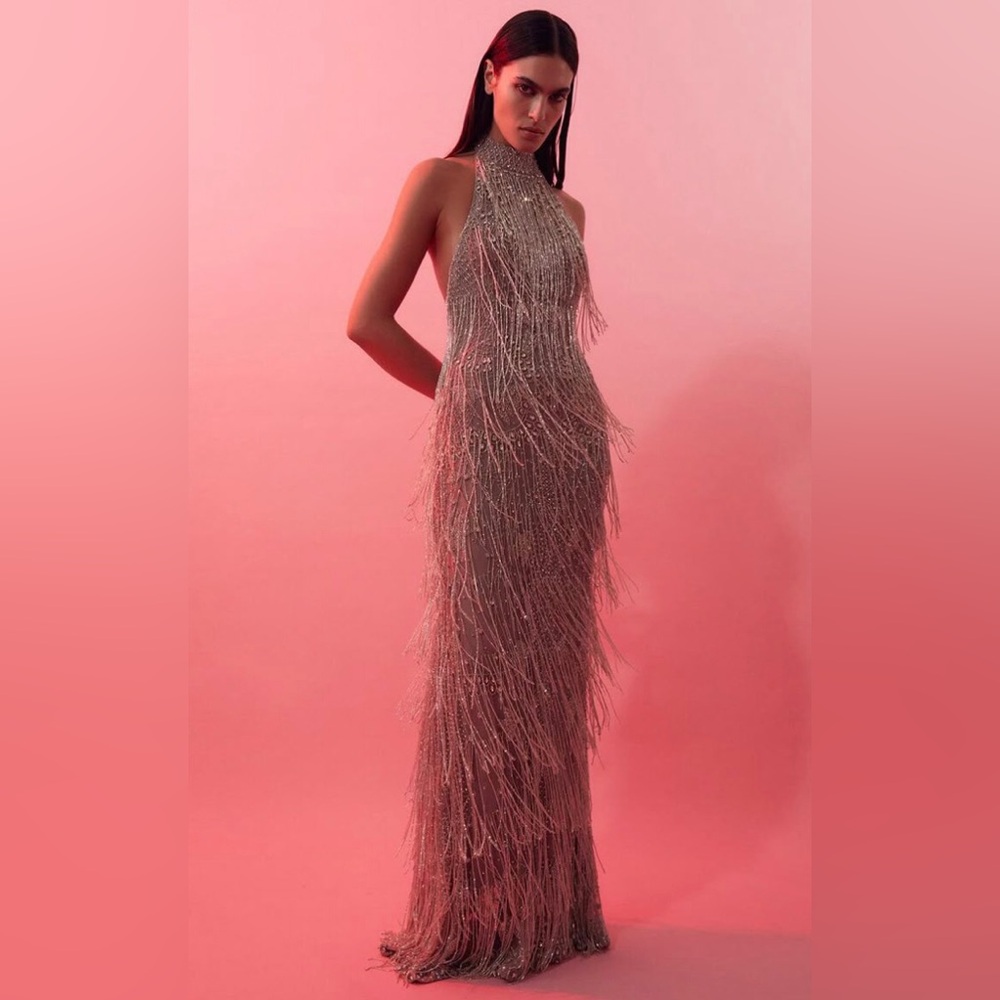 $6,995 Rachel Gilbert Dante Crystal Embellished Fringed Gown - Picture 7 of 13